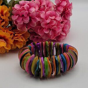 Multicolor Dyed Shell Statement Stretch Bracelet 6.5" Adj. Colorful Boho
